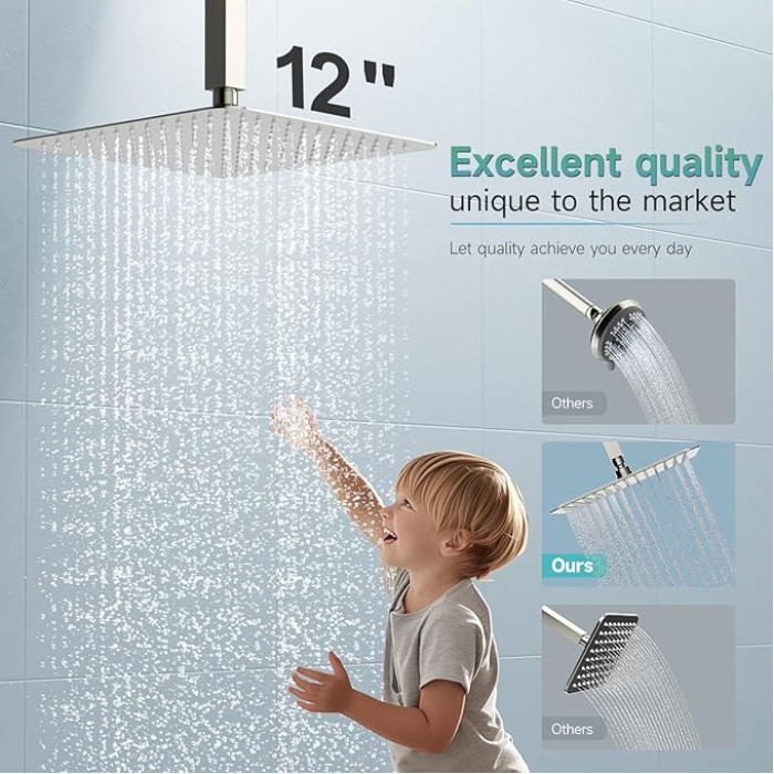 12 Inch Rain Shower Head, High Pressure Rainfall Showerhead Large Waterfall Shower Head Ultra Thin Water Saving, Brushed Nickel 304 Stainless Steel