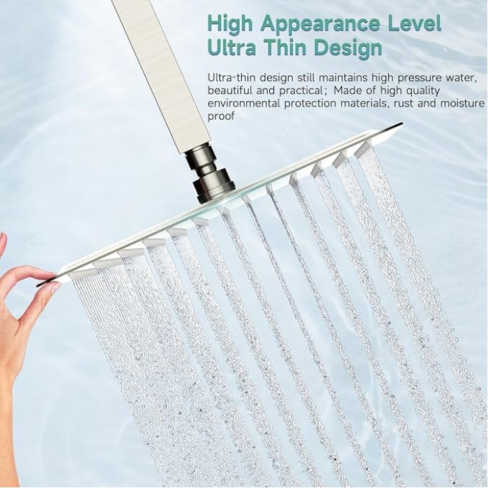 12 Inch Rain Shower Head, High Pressure Rainfall Showerhead Large Waterfall Shower Head Ultra Thin Water Saving, Brushed Nickel 304 Stainless Steel