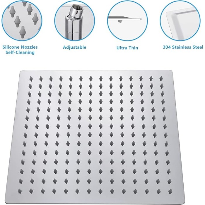 16 Inch Rainfall Shower Head Solid Square Ultra Thin 304 Stainless Steel Polish Chrome Rain Shower Head,Waterfall Full Body Coverage with Silicone Nozzle