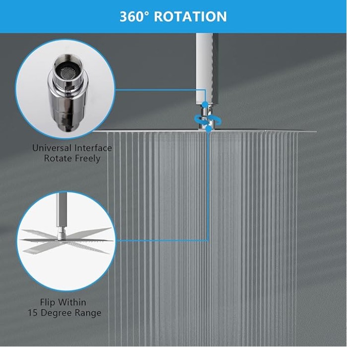 16 Inch Rainfall Shower Head Solid Square Ultra Thin 304 Stainless Steel Polish Chrome Rain Shower Head,Waterfall Full Body Coverage with Silicone Nozzle