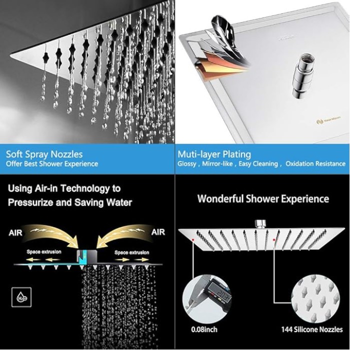 Rain Shower Head, High Flow Stainless Steel Square Rainfall Shower, Waterfall Bath Shower Body Covering, Ceiling or Wall Mount (12 Inch, Chrome Finish)