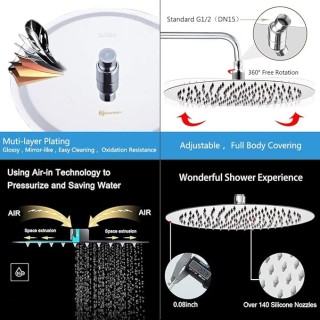 Round Rain Shower Head With Extension Arm, Large Stainless Steel Rainfall Shower-Waterfall Full Body Coverage (12 Inch, Chrome)