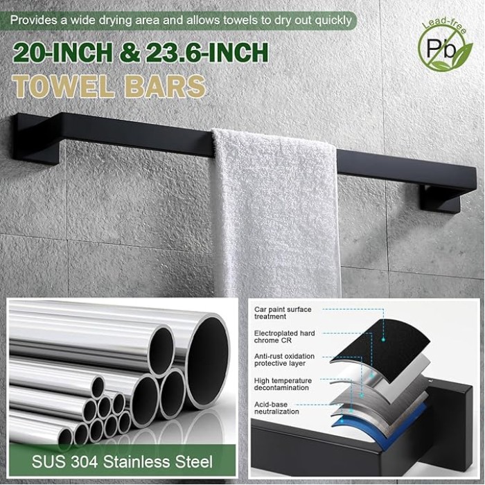 Premium Stainless Steel 6 Pieces Bathroom Hardware Set Wall Mounted Bathroom Accessories Kit Modern Towel Bar Set - 20 Inches and 23.6 Inches, Matte Black