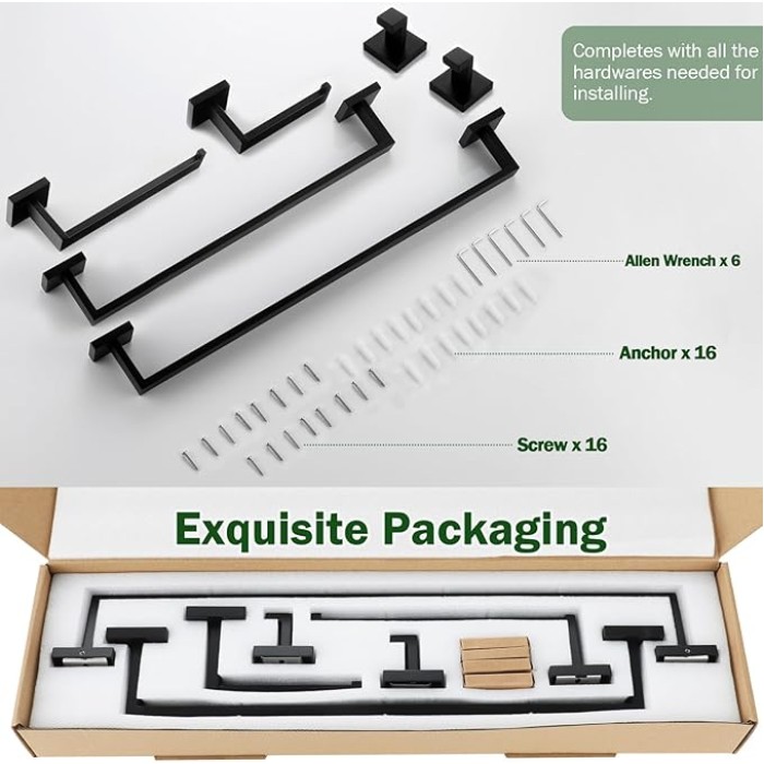 Premium Stainless Steel 6 Pieces Bathroom Hardware Set Wall Mounted Bathroom Accessories Kit Modern Towel Bar Set - 20 Inches and 23.6 Inches, Matte Black