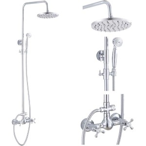 Chrome Rain Shower System Set 2 Knobs Mixing 8 Inch Round Rainfall Shower Head with Handheld Spray Bathroom Shower Faucet