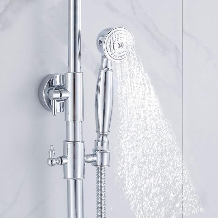 Chrome Rain Shower System Set 2 Knobs Mixing 8 Inch Round Rainfall Shower Head with Handheld Spray Bathroom Shower Faucet