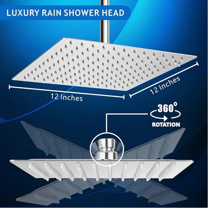 Rain Shower Head - High Flow Large Rainfall Shower Heads Made of Stainless Steel - Waterfall Bathroom Square Showerhead - Ceiling or Wall Mount (12" Chrome)