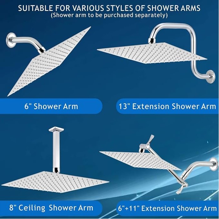 Rain Shower Head - High Flow Large Rainfall Shower Heads Made of Stainless Steel - Waterfall Bathroom Square Showerhead - Ceiling or Wall Mount (12" Chrome)