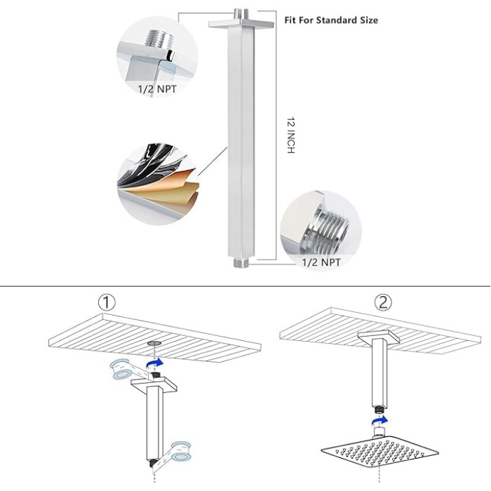 Rain Shower Head With Shower Arm, Ceiling Mount Square Shower, Stainless Steel Ceiling Rainfall Showerhead- Waterfall Full Body Coverage (12 Inch, Chrome)
