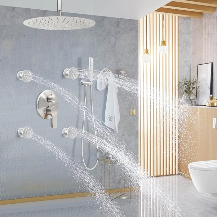 Brass Shower Body Jets with Adjustable Flow, Massage Spa Brushed Nickel Round Body Spray Shower Side Wall Sprayer Head Jets, 4 pcs, Water Saving