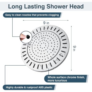Rain Shower Head, 9 Inch High Pressure Waterfall Showerhead with Adjustable Angle and Anti-clogging Silicone Nozzles, Luxury Bathroom Overhead Shower, Chrome