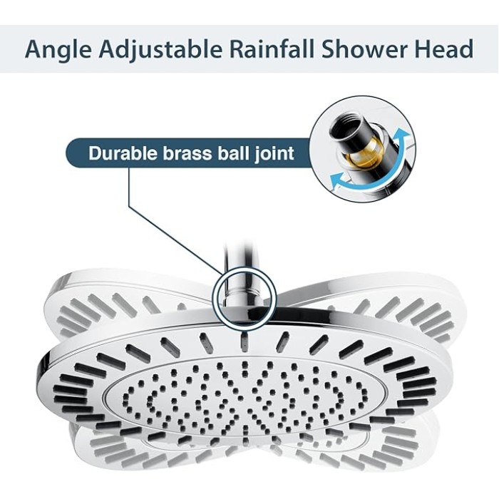 Rain Shower Head, 9 Inch High Pressure Waterfall Showerhead with Adjustable Angle and Anti-clogging Silicone Nozzles, Luxury Bathroom Overhead Shower, Chrome