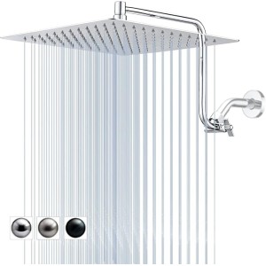 12" Rain Shower Head with Upgrade Adjustable Extension Arm, 304 Stainless Steel High Pressure Rainfall Showerhead, All Metal Large Square Waterfall Fixed Showerhead for Bathroom - Chrome