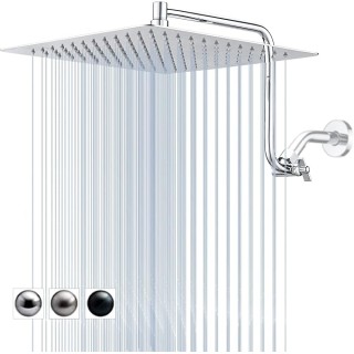 12" Rain Shower Head with Upgrade Adjustable Extension Arm, 304 Stainless Steel High Pressure Rainfall Showerhead, All Metal Large Square Waterfall Fixed Showerhead for Bathroom - Chrome