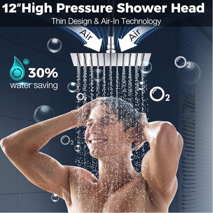 12" Rain Shower Head with Upgrade Adjustable Extension Arm, 304 Stainless Steel High Pressure Rainfall Showerhead, All Metal Large Square Waterfall Fixed Showerhead for Bathroom - Chrome
