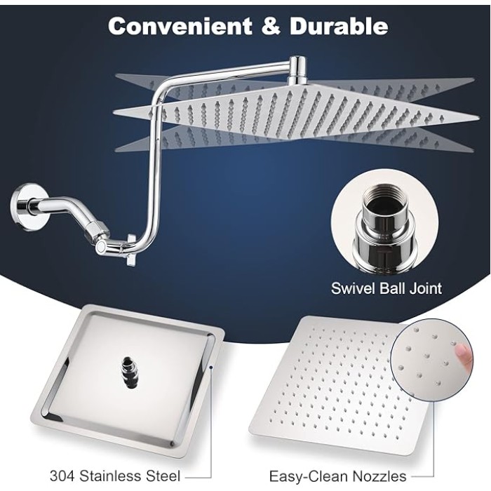 12" Rain Shower Head with Upgrade Adjustable Extension Arm, 304 Stainless Steel High Pressure Rainfall Showerhead, All Metal Large Square Waterfall Fixed Showerhead for Bathroom - Chrome