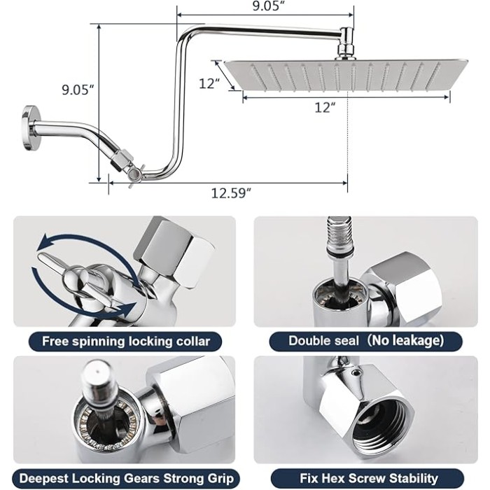 12" Rain Shower Head with Upgrade Adjustable Extension Arm, 304 Stainless Steel High Pressure Rainfall Showerhead, All Metal Large Square Waterfall Fixed Showerhead for Bathroom - Chrome