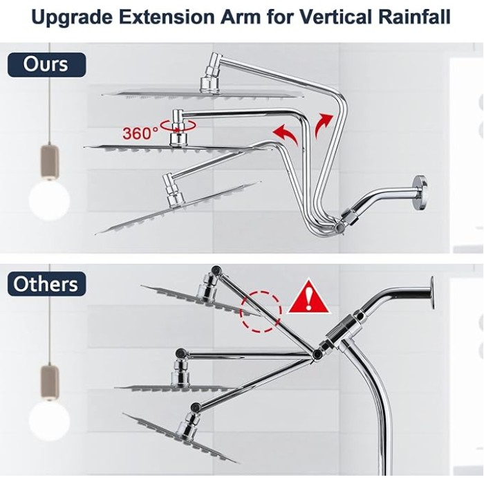 12" Rain Shower Head with Upgrade Adjustable Extension Arm, 304 Stainless Steel High Pressure Rainfall Showerhead, All Metal Large Square Waterfall Fixed Showerhead for Bathroom - Chrome
