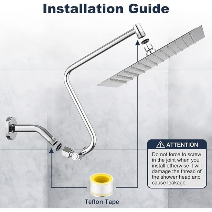 12" Rain Shower Head with Upgrade Adjustable Extension Arm, 304 Stainless Steel High Pressure Rainfall Showerhead, All Metal Large Square Waterfall Fixed Showerhead for Bathroom - Chrome