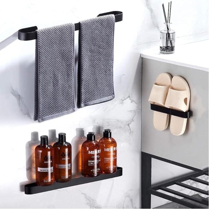Bath Towel Bar, 12/16/24Inch Aluminum Towel Rack for Bathroom, Towel Holder Brushed Finished Wall Mount, Modern Black Towel Bar Self-Adhesive for Kitchen 40Cm/40Cm