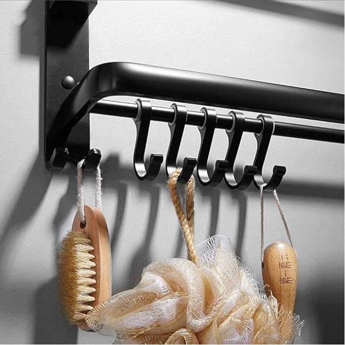 Black Bathroom Decorative Towel Rack self-Adhesive, Retro Double Towel Rack Storage Rack Wall- Mounted with 5 Hooks (Size : 60cm)
