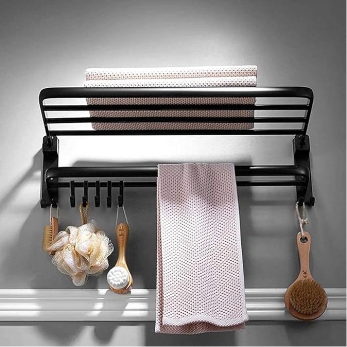 Black Bathroom Decorative Towel Rack self-Adhesive, Retro Double Towel Rack Storage Rack Wall- Mounted with 5 Hooks (Size : 60cm)