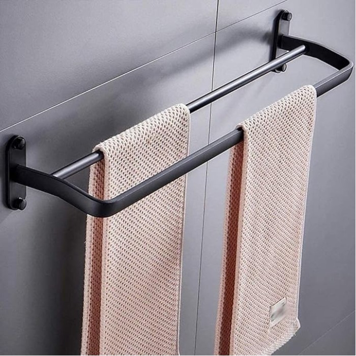 Bathroom Rack Towel Rack with 2 Wall- Mounted Towel Racks, 24 inches, Matte Black Finish, 8 kg Maximum self-Adhesive
