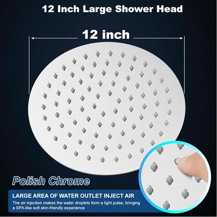 Round Rainfall Shower Head High Pressure Stainless Steel Waterfall Large Rain Shower Head Ultra Thin Design,Polish Chrome 12 Inch