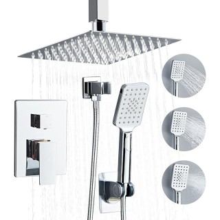 8 Inch Ceiling Mount Shower Faucet Set, Polish Chrome Rainfall Shower System, Square Rain Shower Head with Handheld Spray Combo Ceiling, Silver Rainfall Shower Faucet Fixtures (3-Setting)
