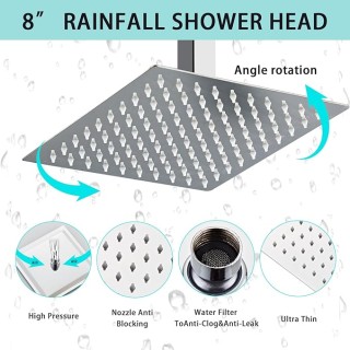 8 Inch Ceiling Mount Shower Faucet Set, Polish Chrome Rainfall Shower System, Square Rain Shower Head with Handheld Spray Combo Ceiling, Silver Rainfall Shower Faucet Fixtures (3-Setting)