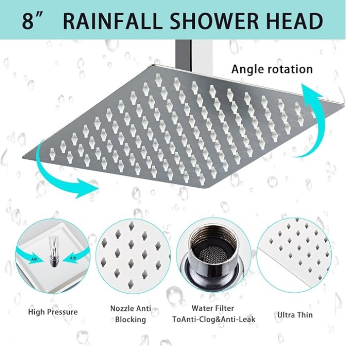 8 Inch Ceiling Mount Shower Faucet Set, Polish Chrome Rainfall Shower System, Square Rain Shower Head with Handheld Spray Combo Ceiling, Silver Rainfall Shower Faucet Fixtures (3-Setting)