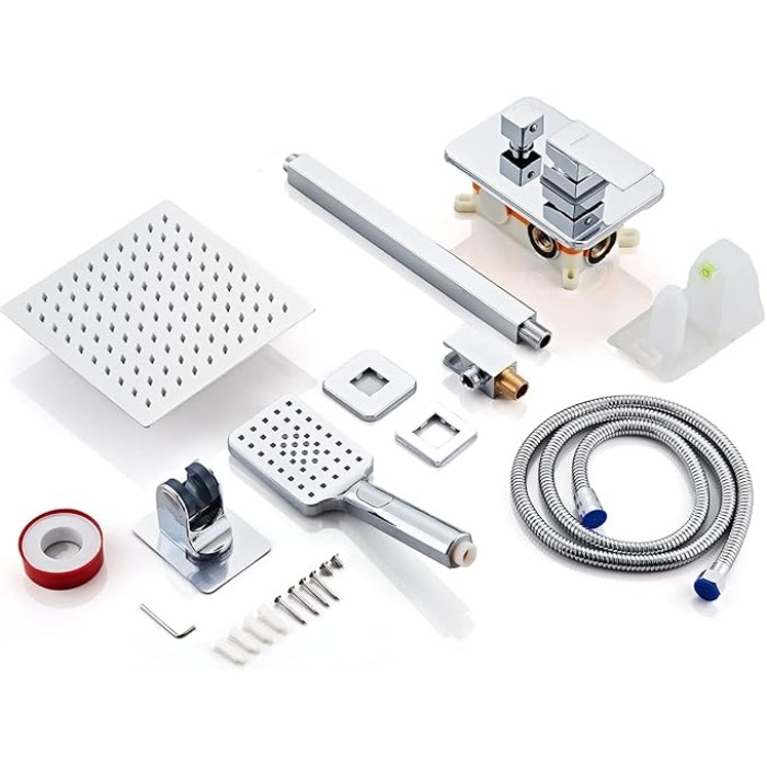 8 Inch Ceiling Mount Shower Faucet Set, Polish Chrome Rainfall Shower System, Square Rain Shower Head with Handheld Spray Combo Ceiling, Silver Rainfall Shower Faucet Fixtures (3-Setting)