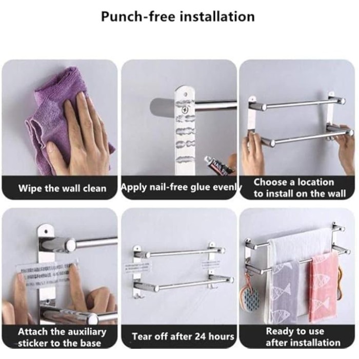 Towel Rack,Wall Mounted Towel Bar,Towel Rail Self Adhesive,Stainless Steel Towel Shelf,for Kitchen Bathroom40/50-60/70/80/90Cm-50Cm-2_Rod/40Cm-3 Pole