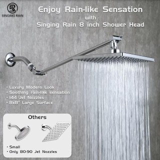 8'' Fixed Rain Shower Head- Rainfall- Super Dense 120+ Nozzles Jet- Luxury Modern Look– Square Chrome Angle Adjustable Shower Head Replacement