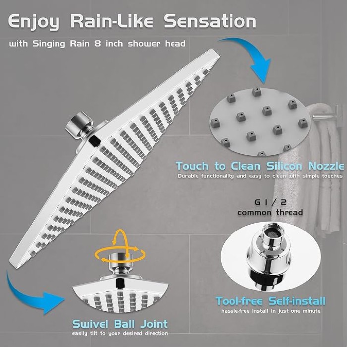 8'' Fixed Rain Shower Head- Rainfall- Super Dense 120+ Nozzles Jet- Luxury Modern Look– Square Chrome Angle Adjustable Shower Head Replacement