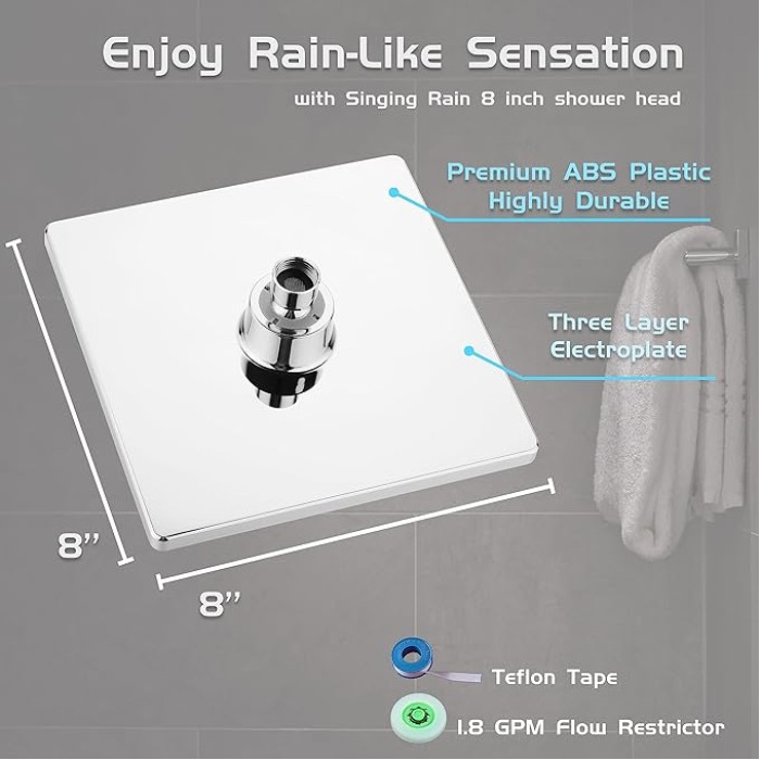 8'' Fixed Rain Shower Head- Rainfall- Super Dense 120+ Nozzles Jet- Luxury Modern Look– Square Chrome Angle Adjustable Shower Head Replacement