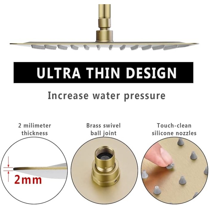 Rainfall Shower Head, 16 Inch Square Ceiling Mount Shower Head, Extra Large Stainless Steel Shower Head, Ultra Thin Waterfall Showerhead, Brushed Gold