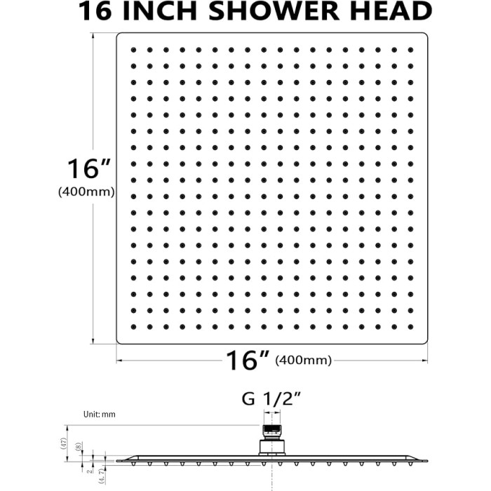 Rainfall Shower Head, 16 Inch Square Ceiling Mount Shower Head, Extra Large Stainless Steel Shower Head, Ultra Thin Waterfall Showerhead, Brushed Gold