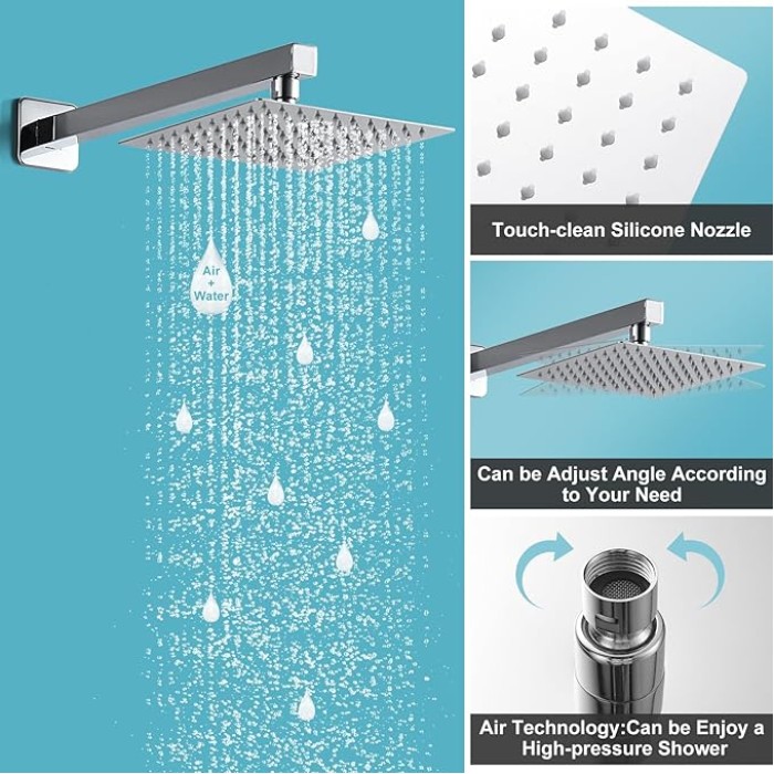 Chrome Shower System 10 Inch, Rain Shower Head with Handheld Spray, Luxury Rain Shower Set Square Wall Mount for Bathroom with Rain Shower and Handheld Shower System