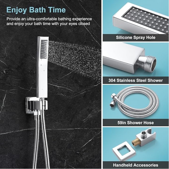 Chrome Shower System 10 Inch, Rain Shower Head with Handheld Spray, Luxury Rain Shower Set Square Wall Mount for Bathroom with Rain Shower and Handheld Shower System