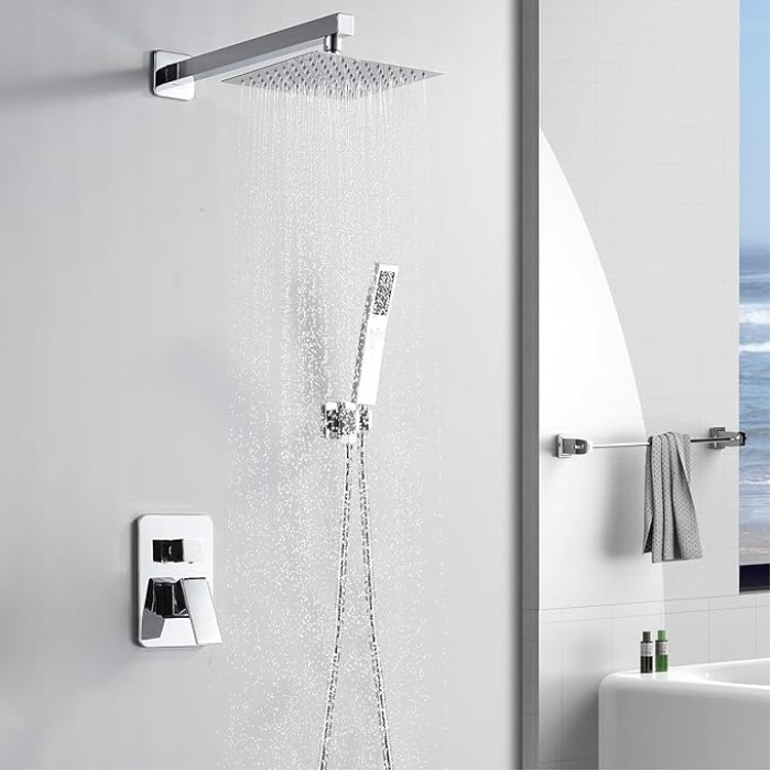 Chrome Shower System 10 Inch, Rain Shower Head with Handheld Spray, Luxury Rain Shower Set Square Wall Mount for Bathroom with Rain Shower and Handheld Shower System