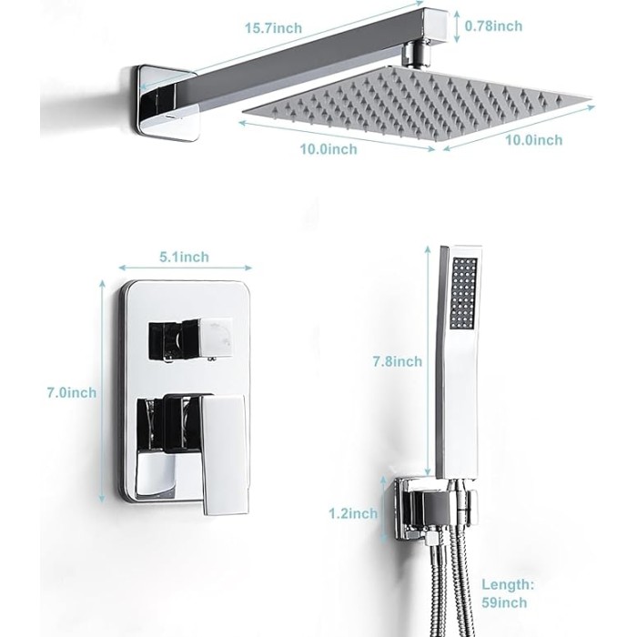Chrome Shower System 10 Inch, Rain Shower Head with Handheld Spray, Luxury Rain Shower Set Square Wall Mount for Bathroom with Rain Shower and Handheld Shower System