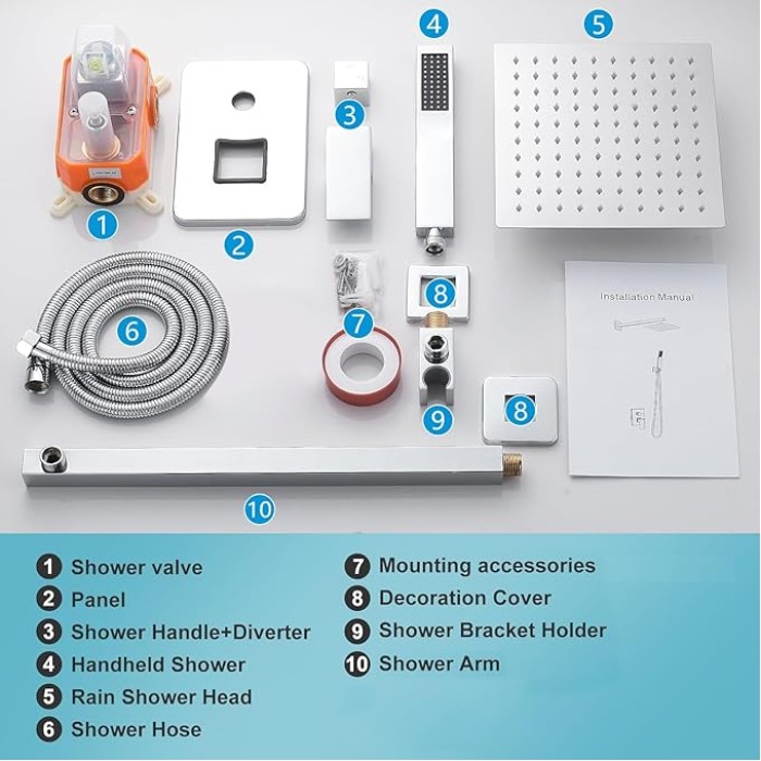 Chrome Shower System 10 Inch, Rain Shower Head with Handheld Spray, Luxury Rain Shower Set Square Wall Mount for Bathroom with Rain Shower and Handheld Shower System
