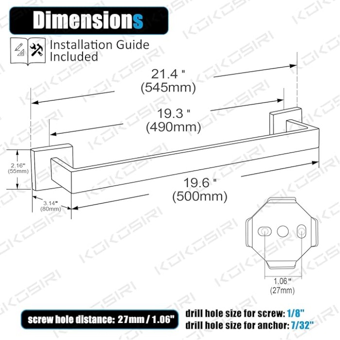 20-Inch Single Towel Bar, Bathroom Kitchen Towel Holder, Wall Mounted SUS304 Stainless Steel Towel Rack 2 Pack, Matte Black, B4003BK-L20-P2