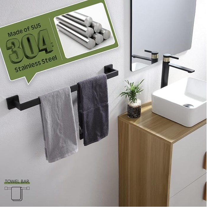 20-Inch Single Towel Bar, Bathroom Kitchen Towel Holder, Wall Mounted SUS304 Stainless Steel Towel Rack 2 Pack, Matte Black, B4003BK-L20-P2