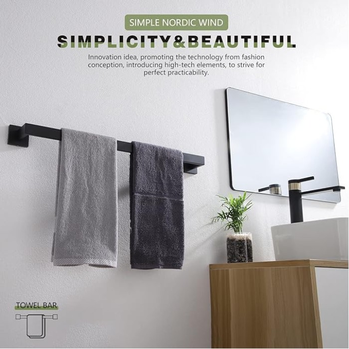 20-Inch Single Towel Bar, Bathroom Kitchen Towel Holder, Wall Mounted SUS304 Stainless Steel Towel Rack 2 Pack, Matte Black, B4003BK-L20-P2