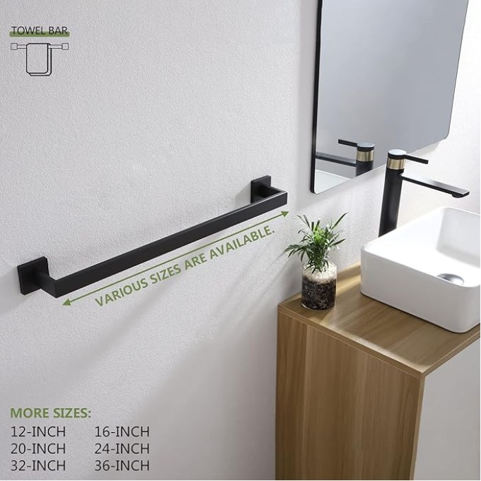 20-Inch Single Towel Bar, Bathroom Kitchen Towel Holder, Wall Mounted SUS304 Stainless Steel Towel Rack 2 Pack, Matte Black, B4003BK-L20-P2