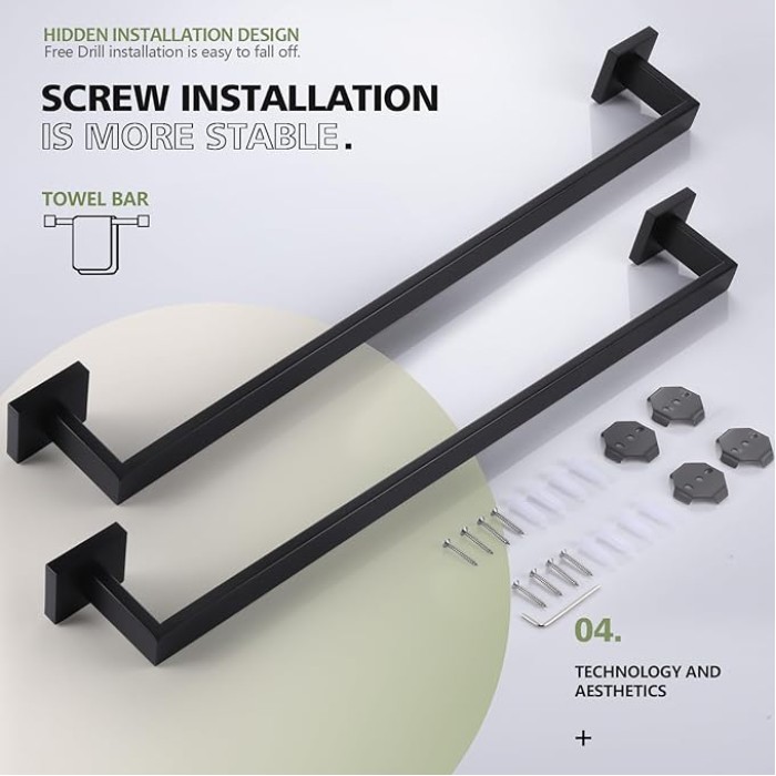 20-Inch Single Towel Bar, Bathroom Kitchen Towel Holder, Wall Mounted SUS304 Stainless Steel Towel Rack 2 Pack, Matte Black, B4003BK-L20-P2