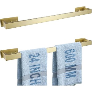 Brushed Gold Bath Towel Bars 24-Inch Self-Adhesive Towel Bar for Bathroom Wall Mounted and No Drilling Towel Rack, Sticky on Bathroom Towel Holder Stainless Steel 2 Pack, GM-A8310BG-L6P2