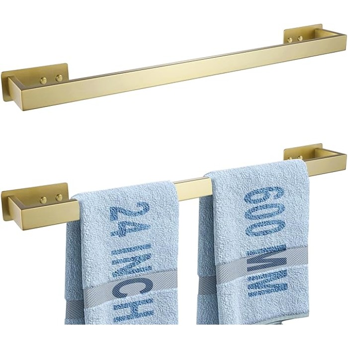 Brushed Gold Bath Towel Bars 24-Inch Self-Adhesive Towel Bar for Bathroom Wall Mounted and No Drilling Towel Rack, Sticky on Bathroom Towel Holder Stainless Steel 2 Pack, GM-A8310BG-L6P2